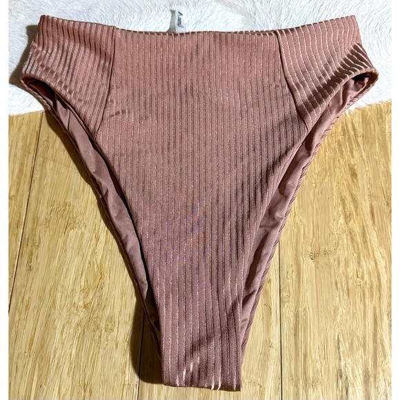 Vitamin A Bikini Bottom Womens Size XS Pink Copper Shiny Striped High Waist Swim - Picture 3 of 5